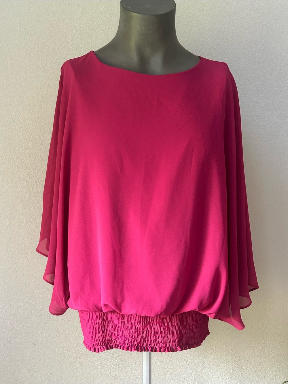 Women's Boat Neck Dressy Tank W/ Chiffon Overlay Cape Sleeve Smocked Hem Blouse